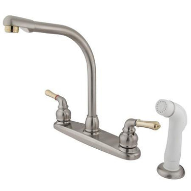 Kingston Brass Magellan Centerset Kitchen Faucet with White Side Sprayer, Satin Nickel with Polished Brass Kitchen Faucet Kingston Brass